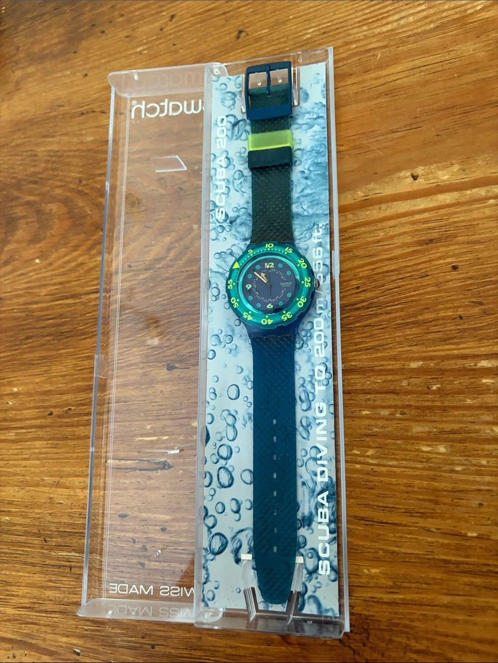 Swatch Blue Scuba Watch with Green Bezel Accent